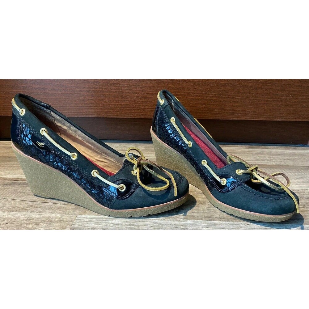 Sperry top sider womens leather goldfish wedge Sz 9.5 M Black Shoes Leopard Prin